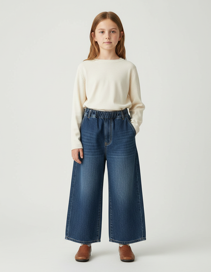 Pantalon Japonais Denim Large Élastique Enfant - Bleu Jean