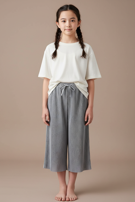 Pantalon Japonais Plissé Ample Gris Décontracté Fille - Polyester