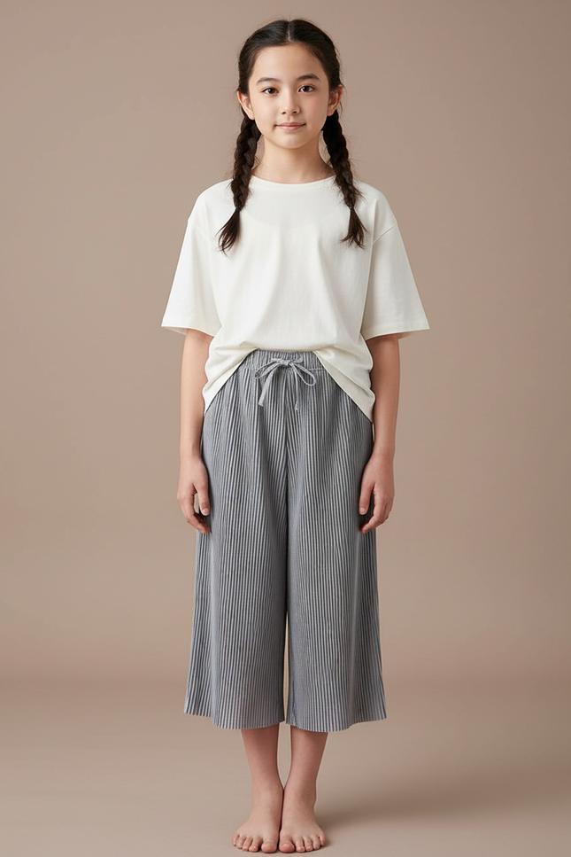 Pantalon Japonais Plissé Ample Gris Décontracté Fille - Polyester