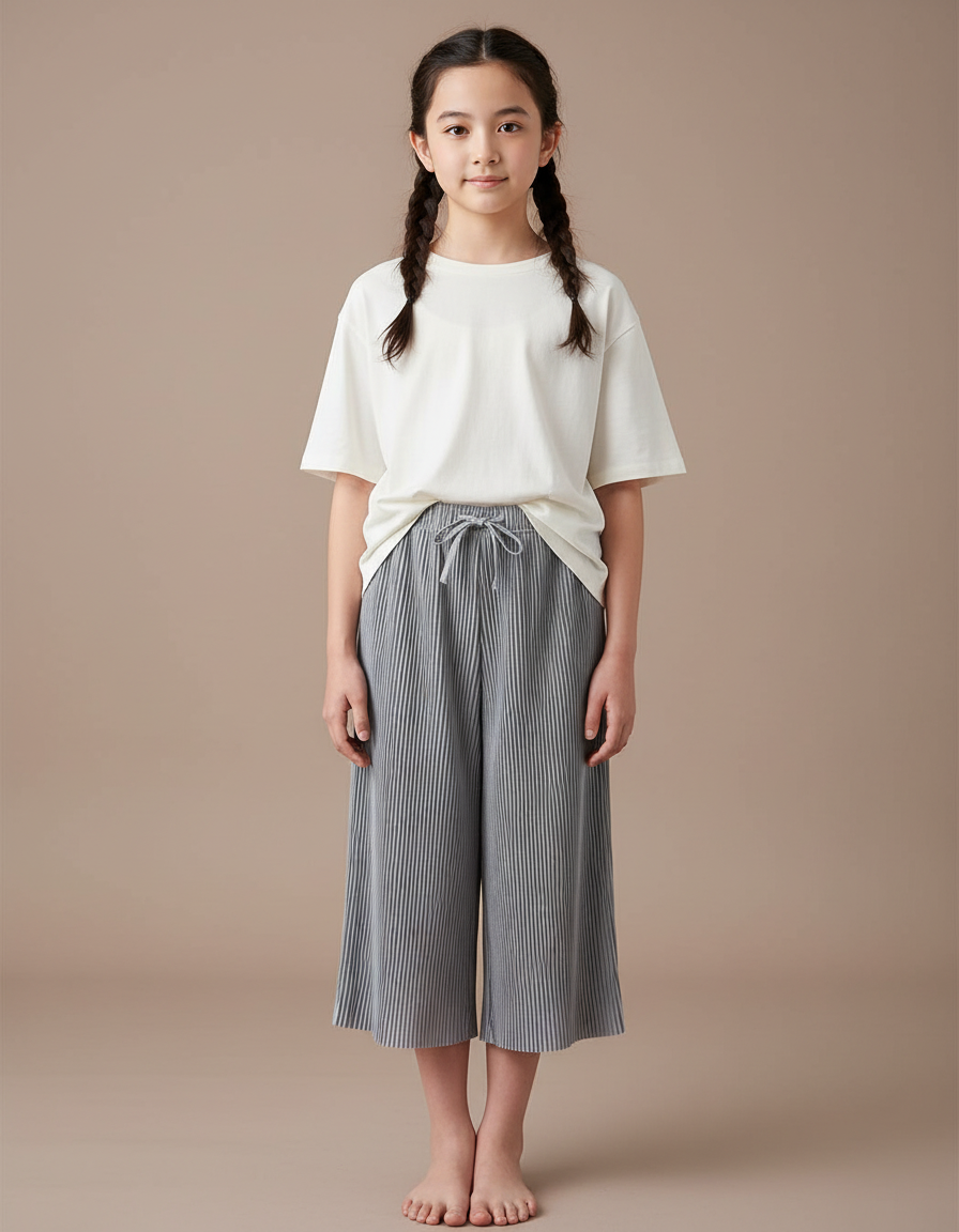 Pantalon Japonais Plissé Ample Gris Décontracté Fille - Polyester