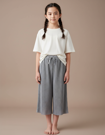 Pantalon Japonais Plissé Ample Gris Décontracté Fille - Polyester