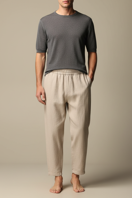Pantalon Japonais Beige Lin Coton Ample Décontracté Homme