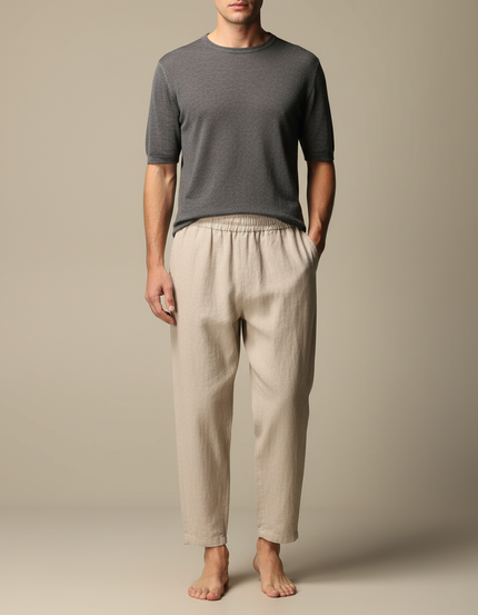 Pantalon Japonais Beige Lin Coton Ample Décontracté Homme