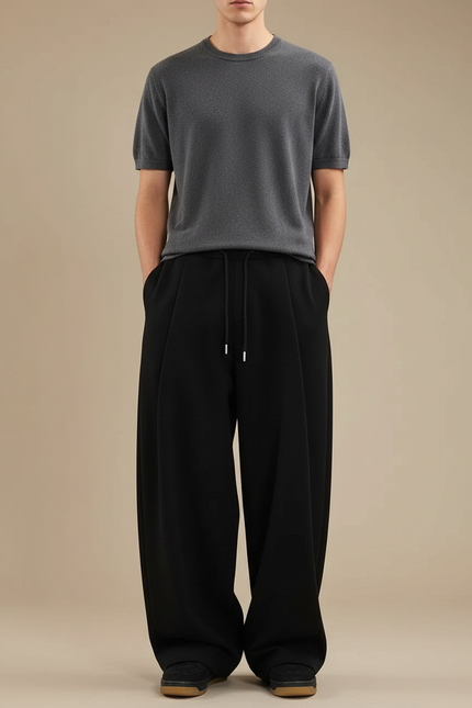 Pantalon Japonais Noir Ample Fluide Cordon Streetwear - Viscose