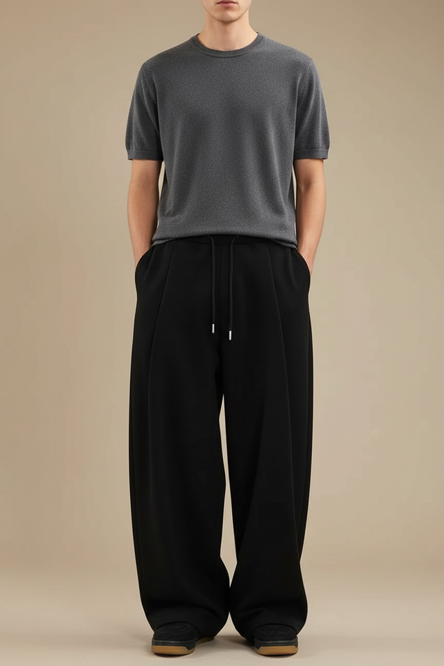 Pantalon Japonais Noir Ample Fluide Cordon Streetwear - Viscose