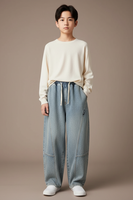 Pantalon Japonais Denim Ample Décontracté Enfant - Bleu Jean