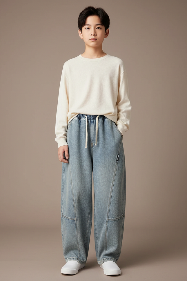 Pantalon Japonais Denim Ample Décontracté Enfant - Bleu Jean