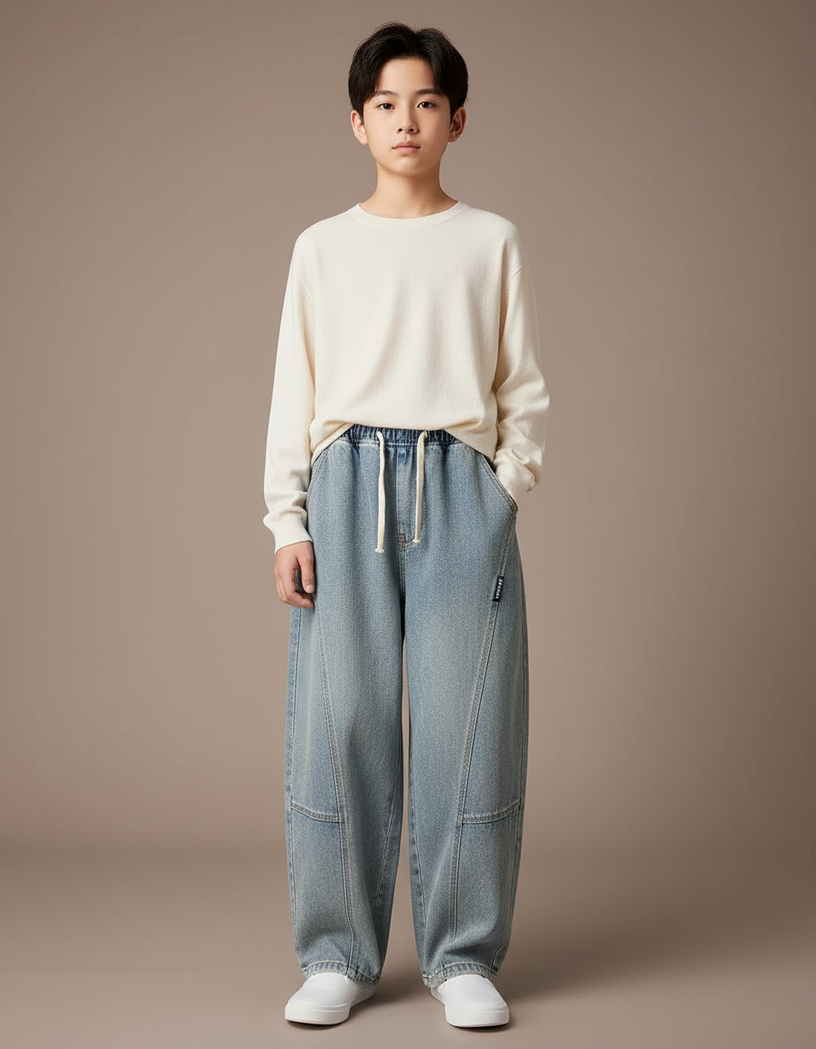 Pantalon Japonais Denim Ample Décontracté Enfant - Bleu Jean