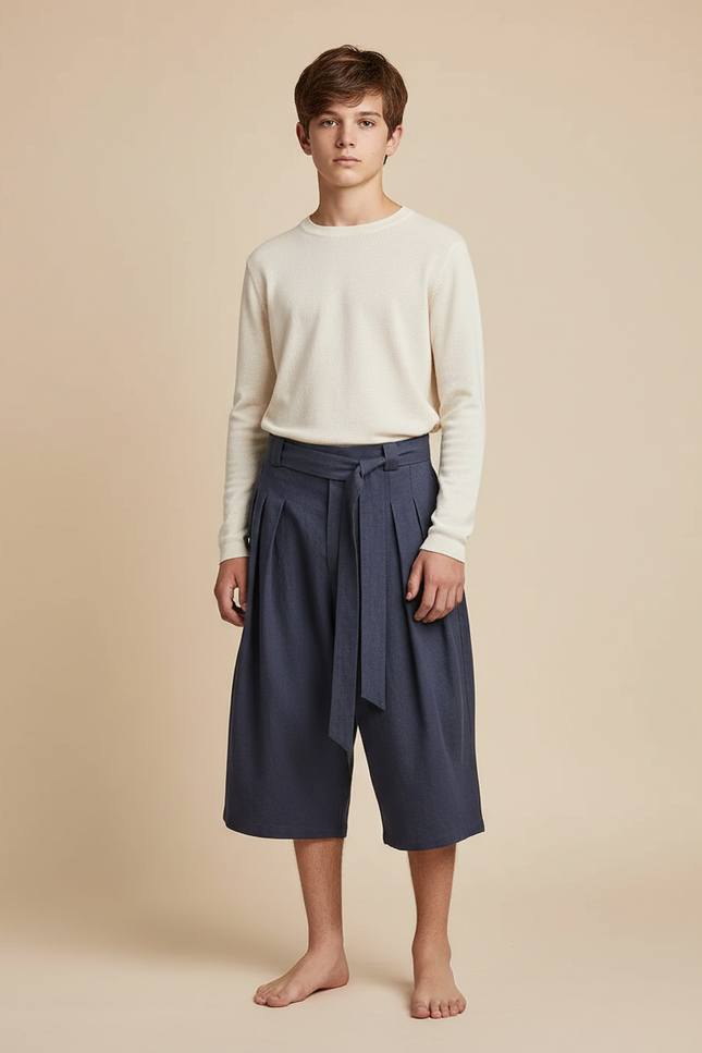 Pantalon Japonais Bleu Marine Ample Plissé Ceinturé - Lin