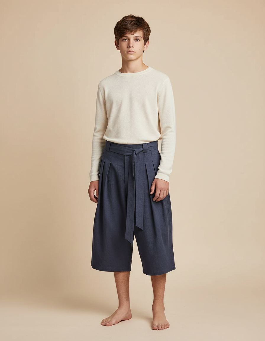 Pantalon Japonais Bleu Marine Ample Plissé Ceinturé - Lin