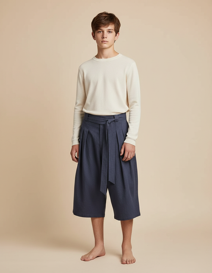 Pantalon Japonais Bleu Marine Ample Plissé Ceinturé - Lin