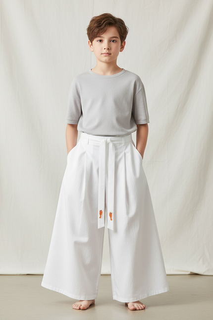 Pantalon Japonais Blanc Ample Brodé Garçon Coton