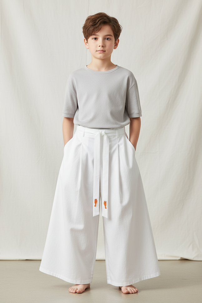 Pantalon Japonais Blanc Ample Brodé Garçon Coton