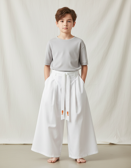 Pantalon Japonais Blanc Ample Brodé Garçon Coton