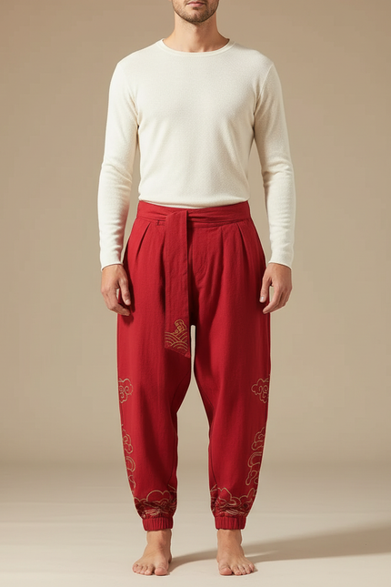 Pantalon Japonais Rouge Ample Coton Brodé Nuages