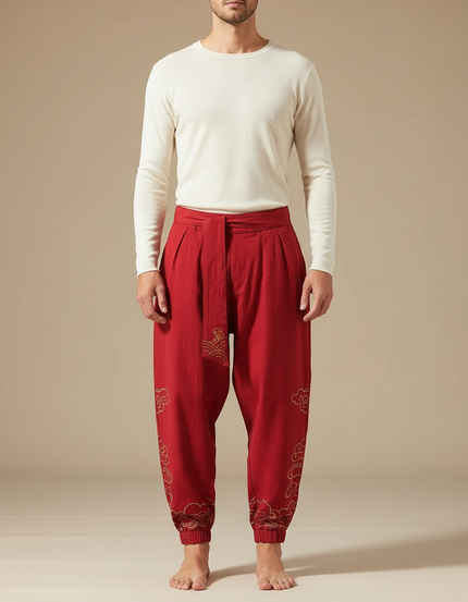 Pantalon Japonais Rouge Ample Coton Brodé Nuages