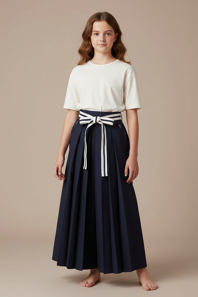 Pantalon Japonais Plissé Ample Marine Ceinturé Fille - Gabardine
