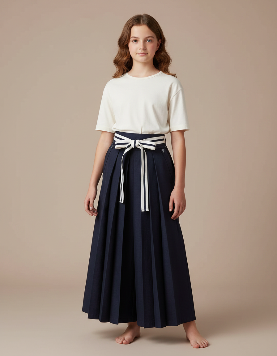 Pantalon Japonais Plissé Ample Marine Ceinturé Fille - Gabardine