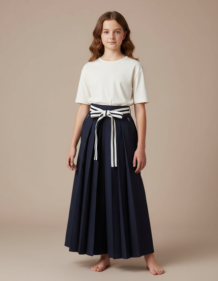 Pantalon Japonais Plissé Ample Marine Ceinturé Fille - Gabardine
