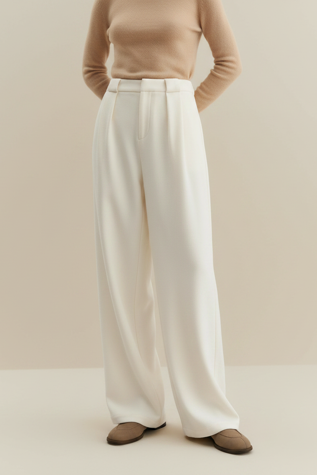 Pantalon Japonais Crème Ample Droit Élégant Fluide - Blanc Polyester