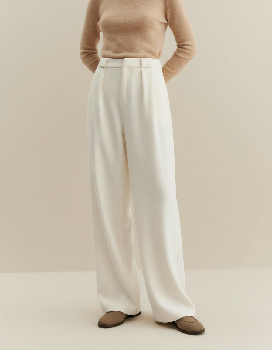 Pantalon Japonais Crème Ample Droit Élégant Fluide - Blanc Polyester