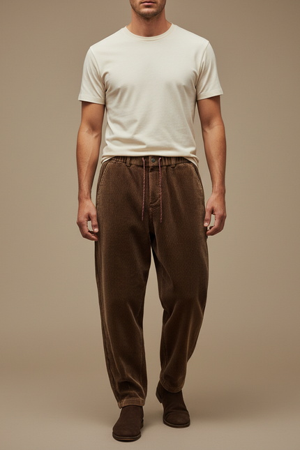 Pantalon Japonais Côtelé Marron Ample Décontracté Homme - Cordé