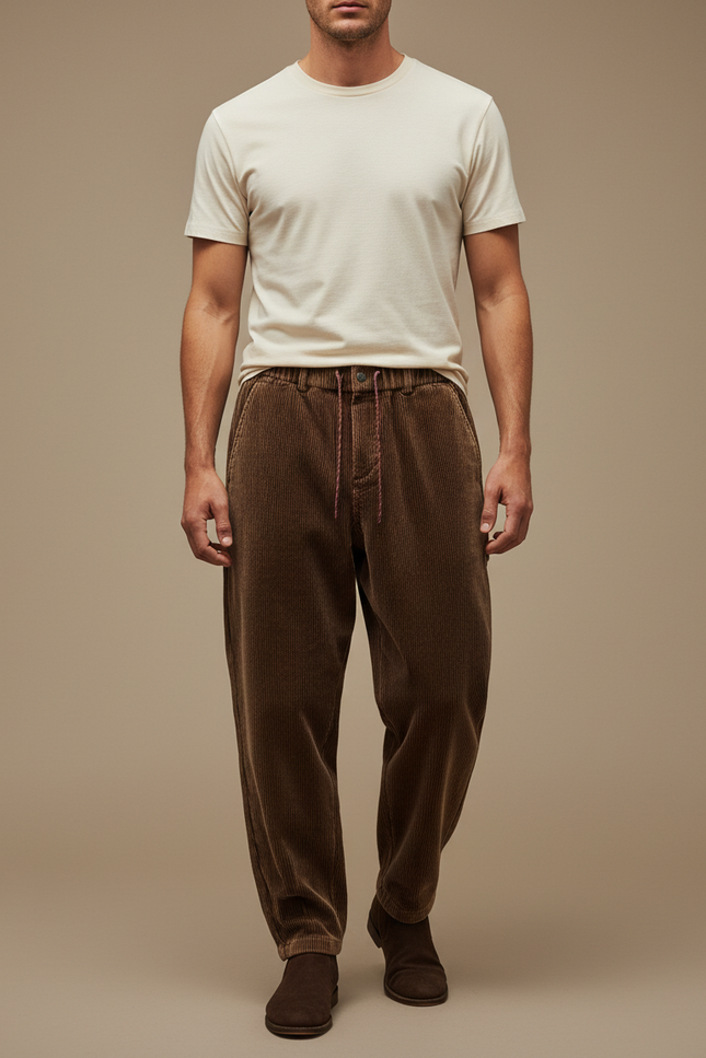 Pantalon Japonais Côtelé Marron Ample Décontracté Homme - Cordé