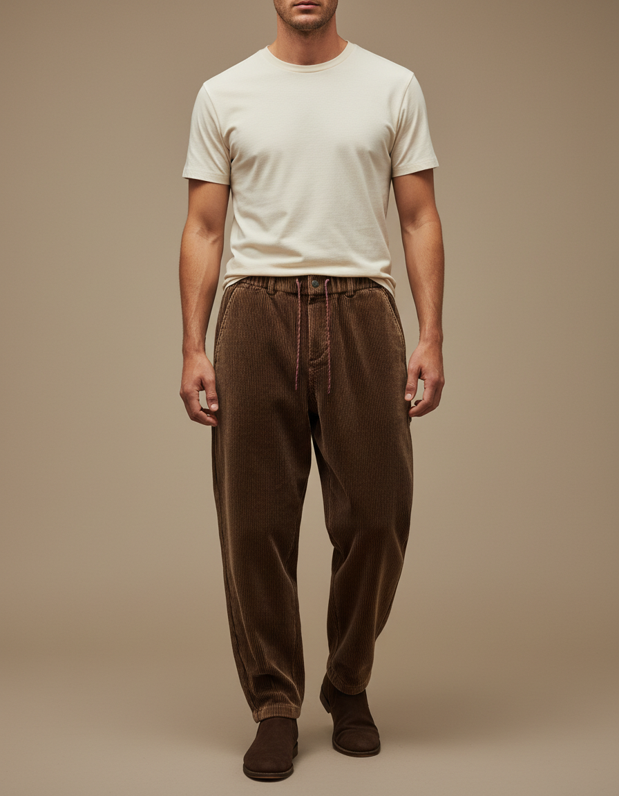 Pantalon Japonais Côtelé Marron Ample Décontracté Homme - Cordé