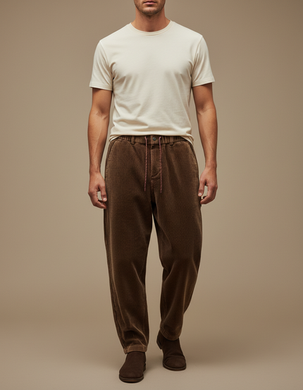 Pantalon Japonais Côtelé Marron Ample Décontracté Homme - Cordé