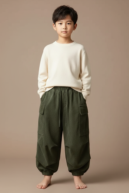 Pantalon Japonais Garçon Kaki Ample - Cordé
