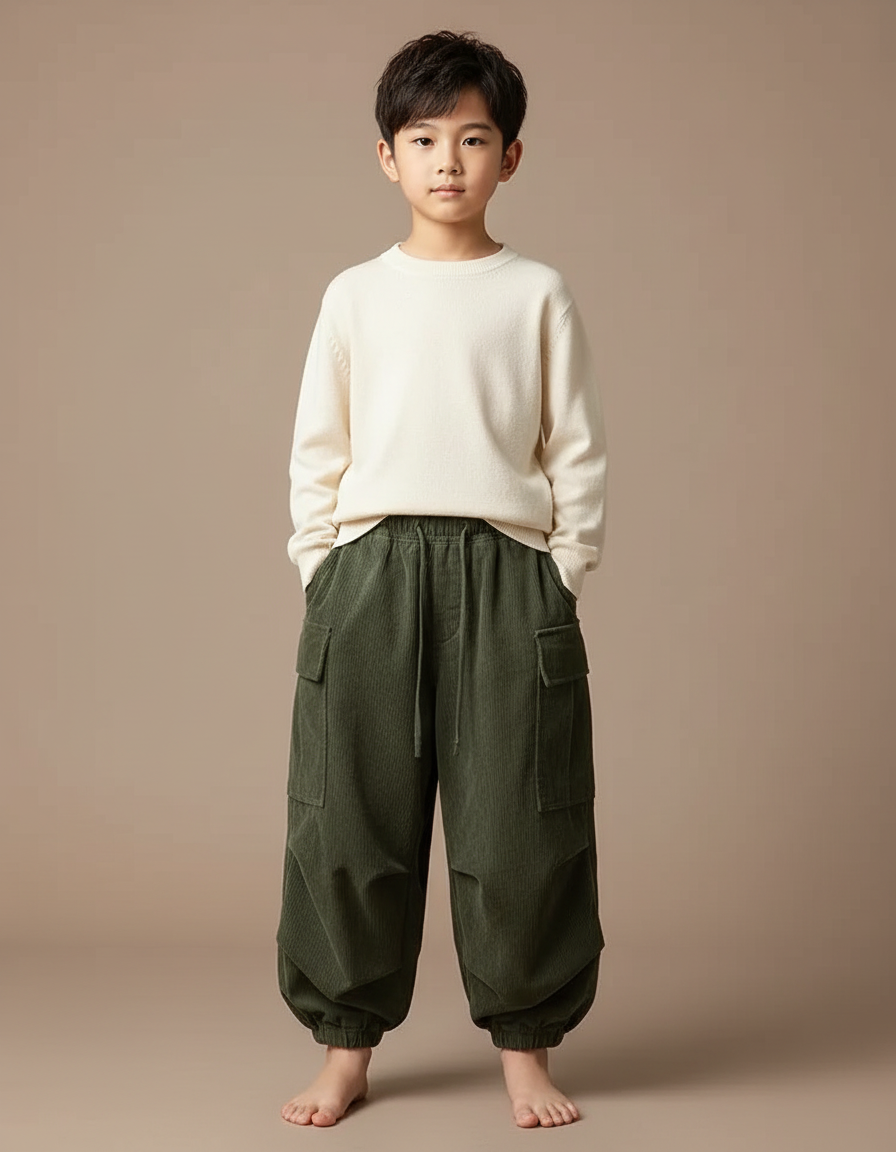 Pantalon Japonais Garçon Kaki Ample - Cordé