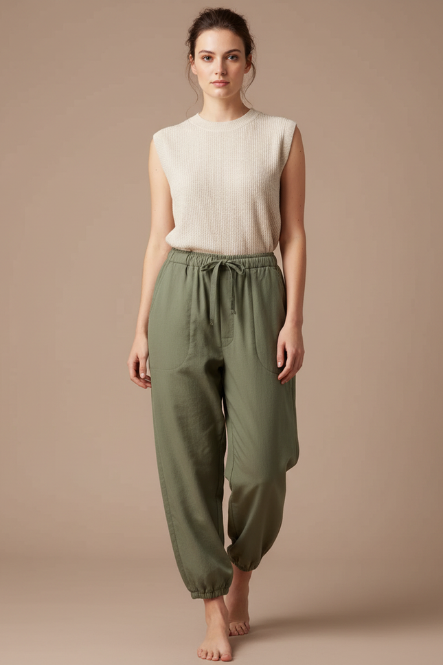 Pantalon Japonais Vert Kaki Ample Coton Fluide Décontracté