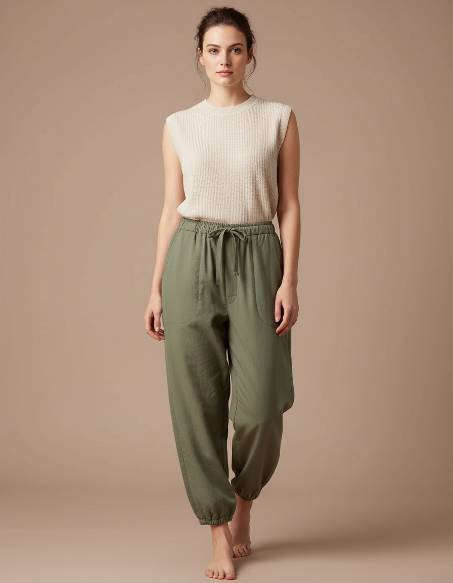 Pantalon Japonais Vert Kaki Ample Coton Fluide Décontracté