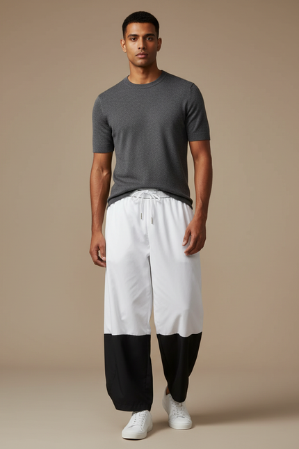 Pantalon Japonais Large Bicolore Blanc Noir Décontracté - Multicolore Polyester