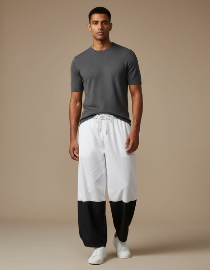 Pantalon Japonais Large Bicolore Blanc Noir Décontracté - Multicolore Polyester