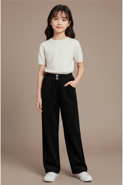 Pantalon Japonais Noir Côtelé Ample Droit Fille - Cordé
