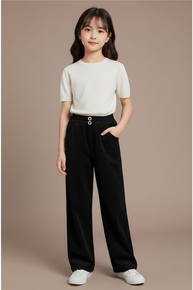 Pantalon Japonais Noir Côtelé Ample Droit Fille - Cordé