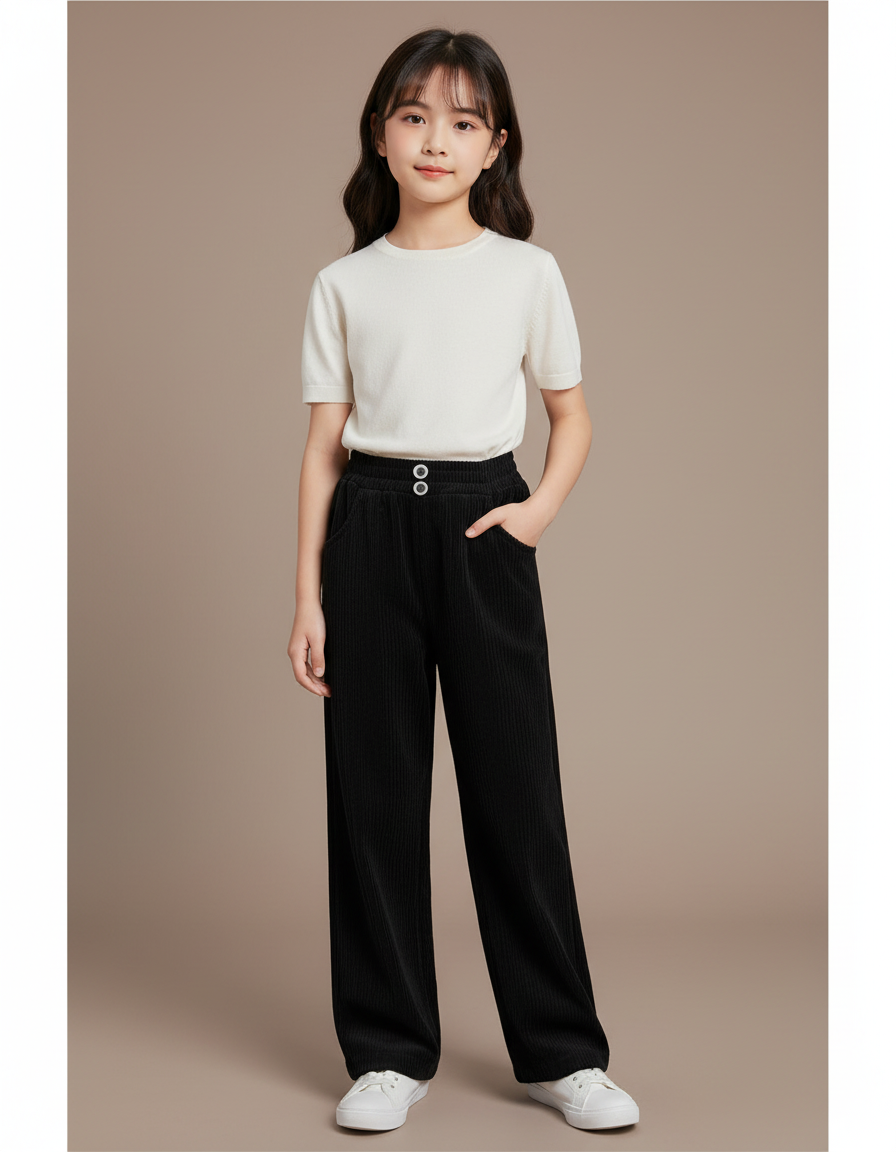 Pantalon Japonais Noir Côtelé Ample Droit Fille - Cordé
