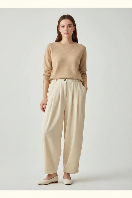 Pantalon Japonais Velours Côtelé Ample Beige Harem - Cordé