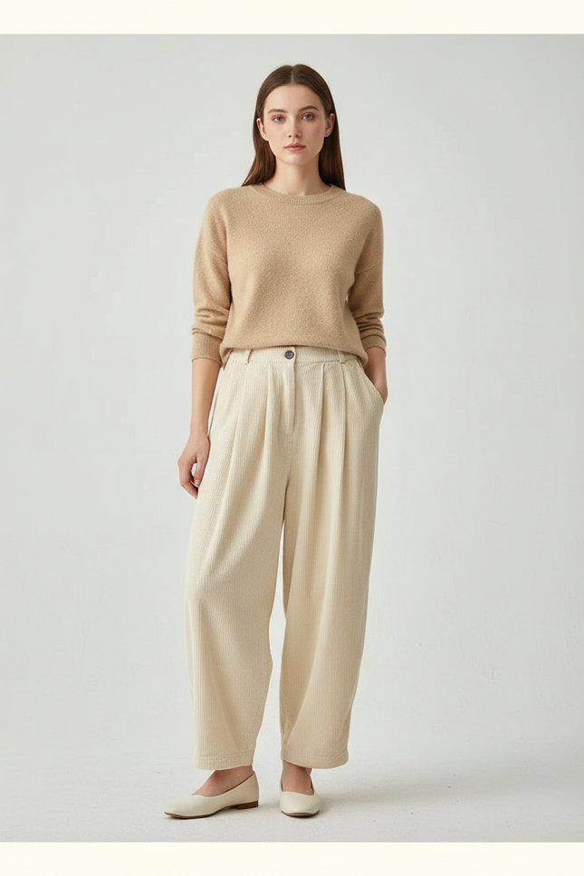 Pantalon Japonais Velours Côtelé Ample Beige Harem - Cordé