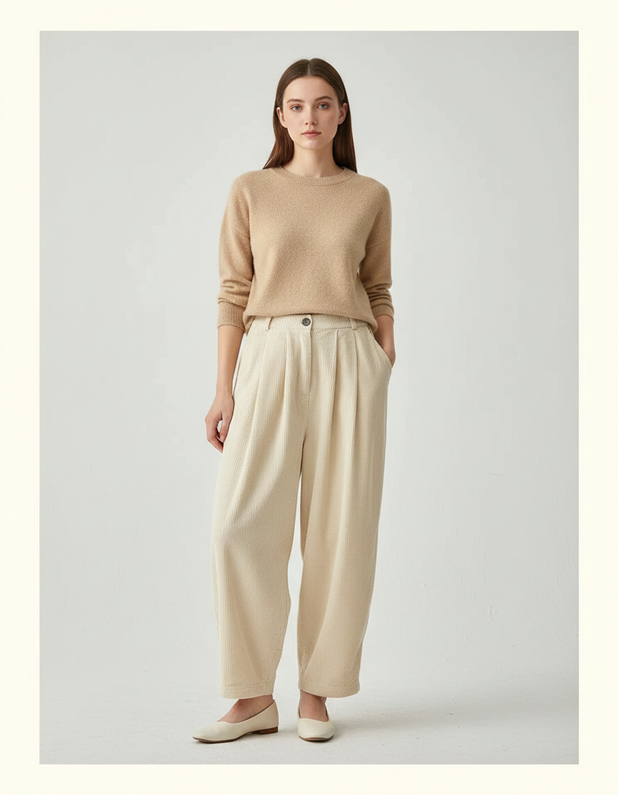 Pantalon Japonais Velours Côtelé Ample Beige Harem - Cordé