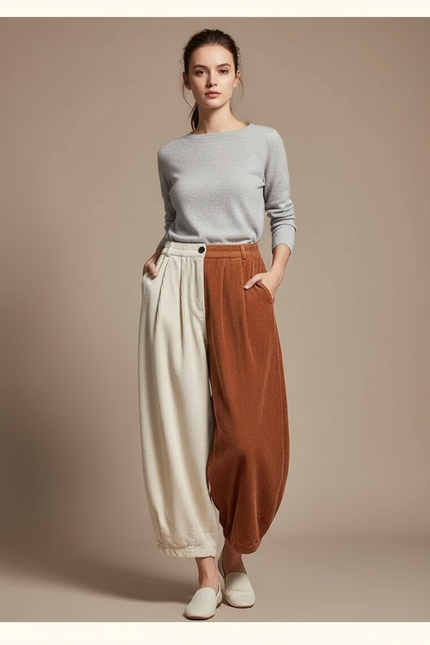 Pantalon Japonais Velours Côtelé Bicolore Ample Harem - Multicolore Cordé