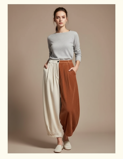 Pantalon Japonais Velours Côtelé Bicolore Ample Harem - Multicolore Cordé