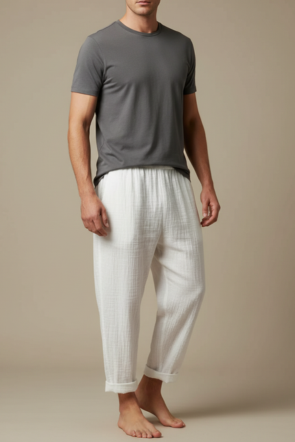 Pantalon Japonais Blanc Coton Ample Texturé Décontracté