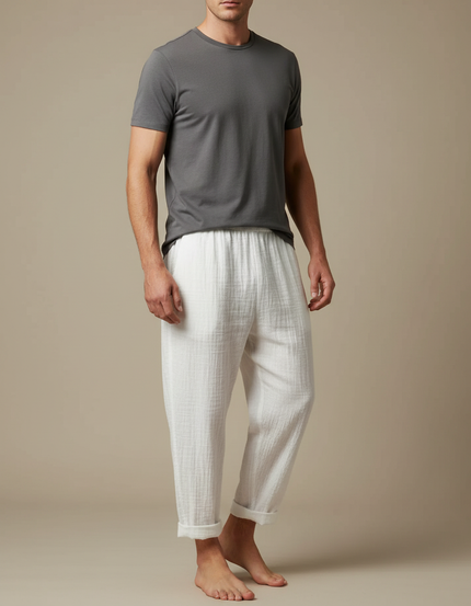 Pantalon Japonais Blanc Coton Ample Texturé Décontracté