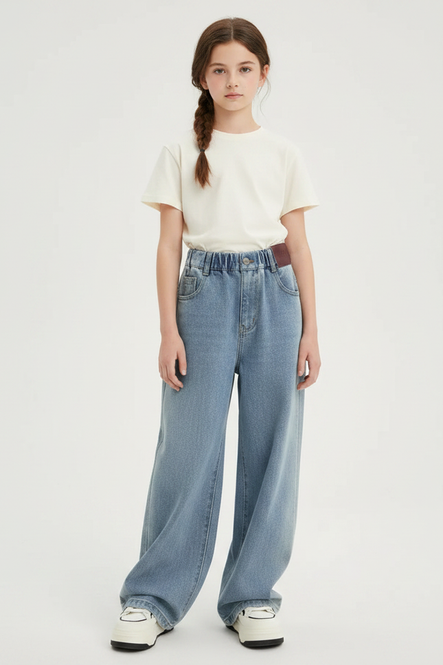 Pantalon Japonais Large Denim Clair Fille Décontracté - Bleu Jean