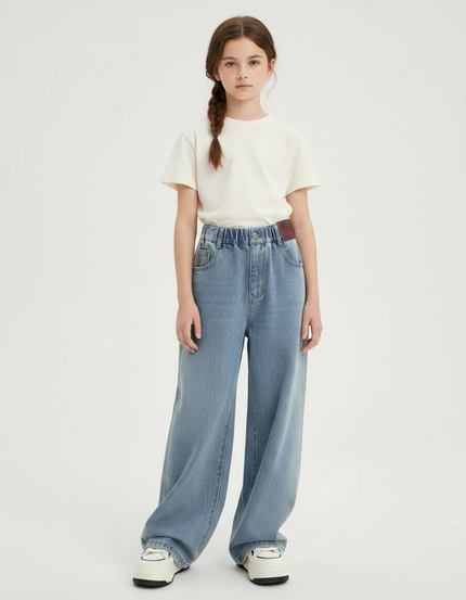 Pantalon Japonais Large Denim Clair Fille Décontracté - Bleu Jean