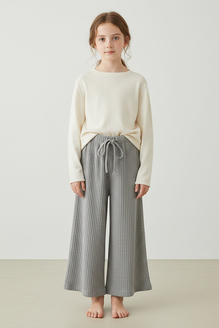 Pantalon Japonais Gris Côtelé Ample Fille Confortable - Cordé