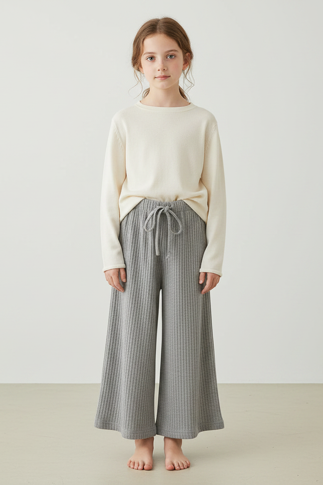 Pantalon Japonais Gris Côtelé Ample Fille Confortable - Cordé