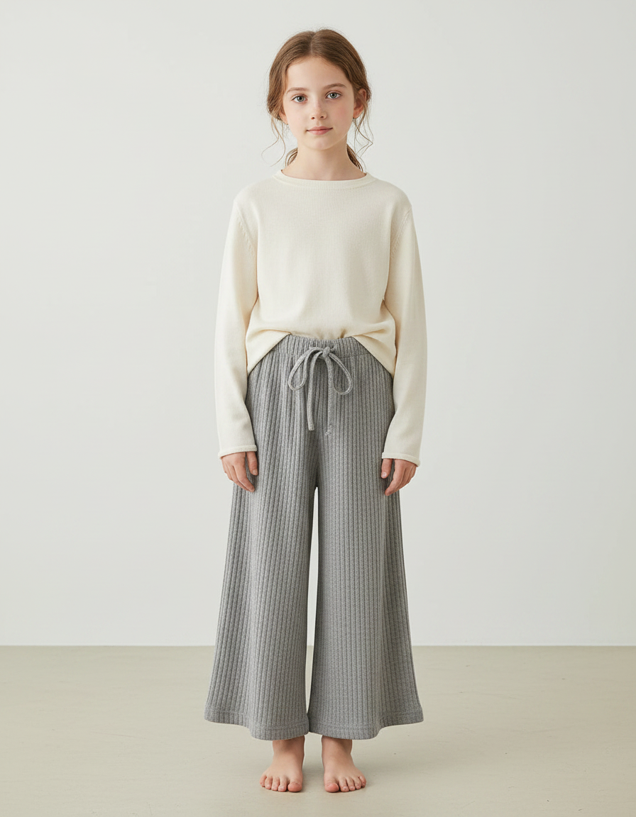 Pantalon Japonais Gris Côtelé Ample Fille Confortable - Cordé